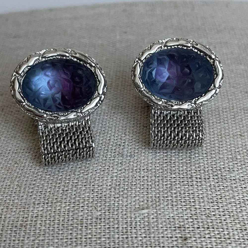 Vintage Art Frosted Glass Oval Silver Tone Mesh Wrap Cuff Links Pair